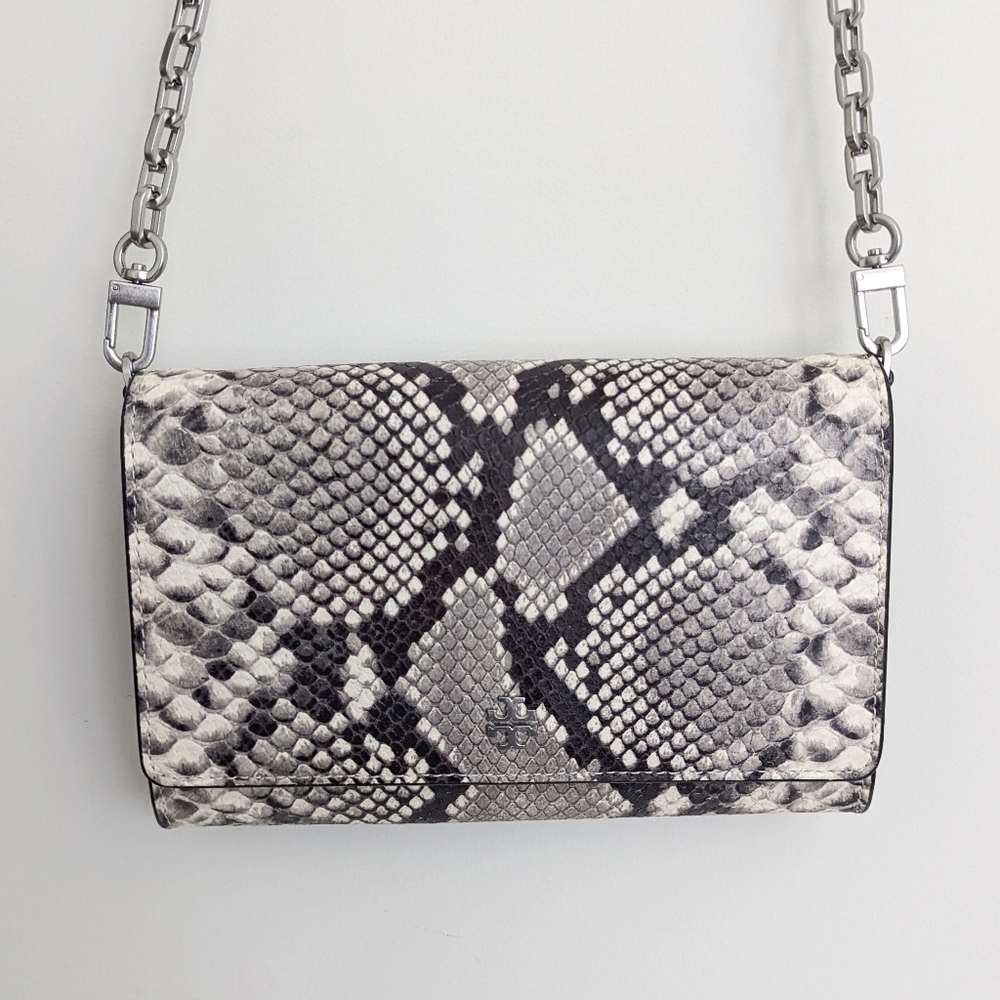 Tory Burch Robinson Embossed Snakeskin Leather Crossbody Chain Wallet